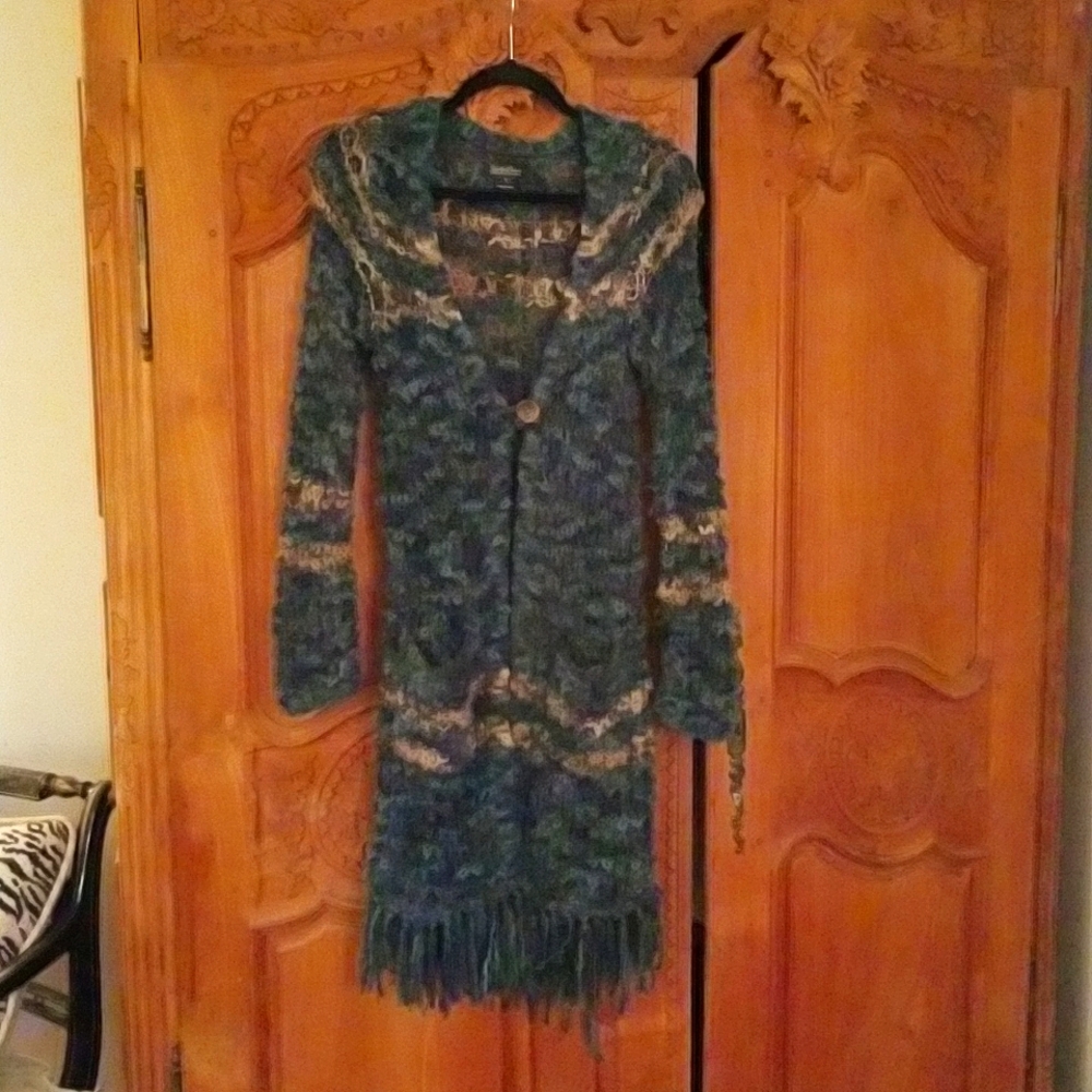 Lucky crochet duster cardigan blue/teal/taupe M